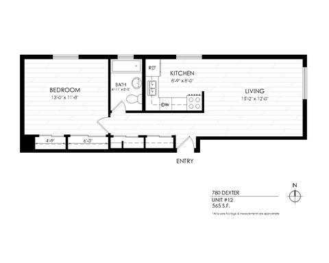 Floor plan for 1 bed, 1 bath, 565 sqft